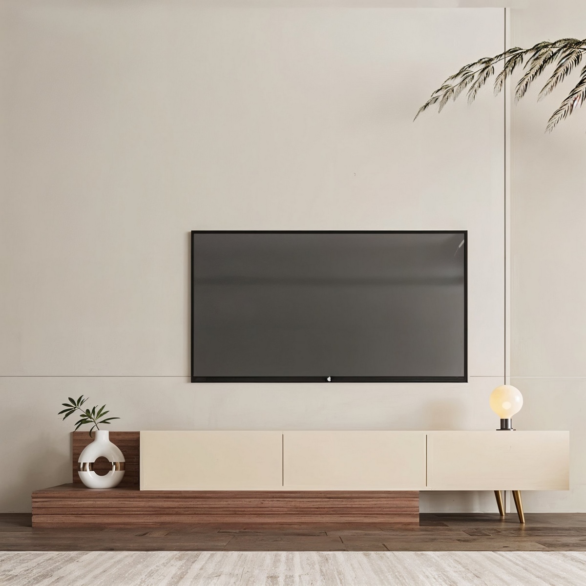 وحدة تلفزيون خشب ام دي اف اسباني بني و أوف وايت - 55×200×30 سم