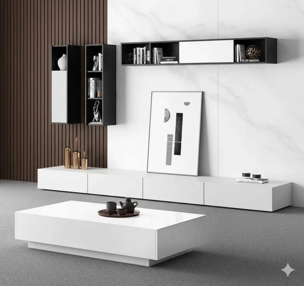 ترابيزة تليفزيون مع ترابيزة قهوة و رفوف حائطية - أبيض و أسود - تصميم عصري فاخر - TVU-098