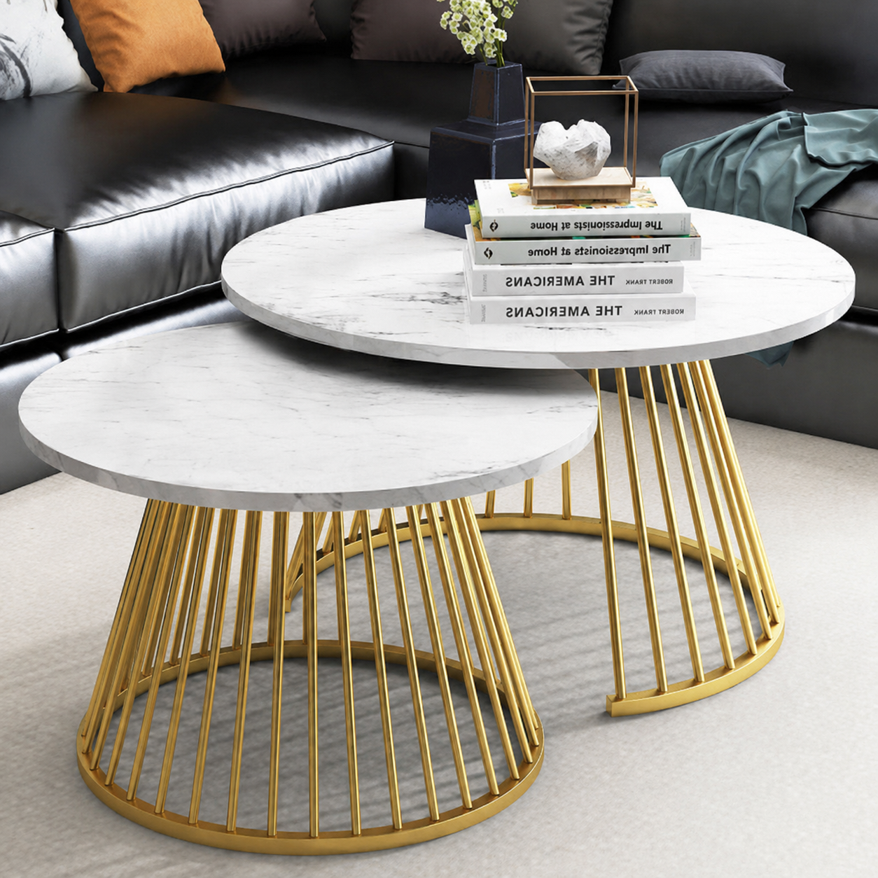 Steel and Marble Coffee Table Set - 2 Pieces